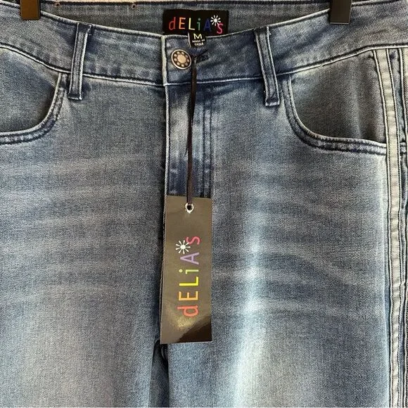 DELIA*S TOTALLY TRIPPIN FLARED SIDE STRIPE STRETCH JEANS Y2K SIZE MEDIUM - Picture 9 of 13